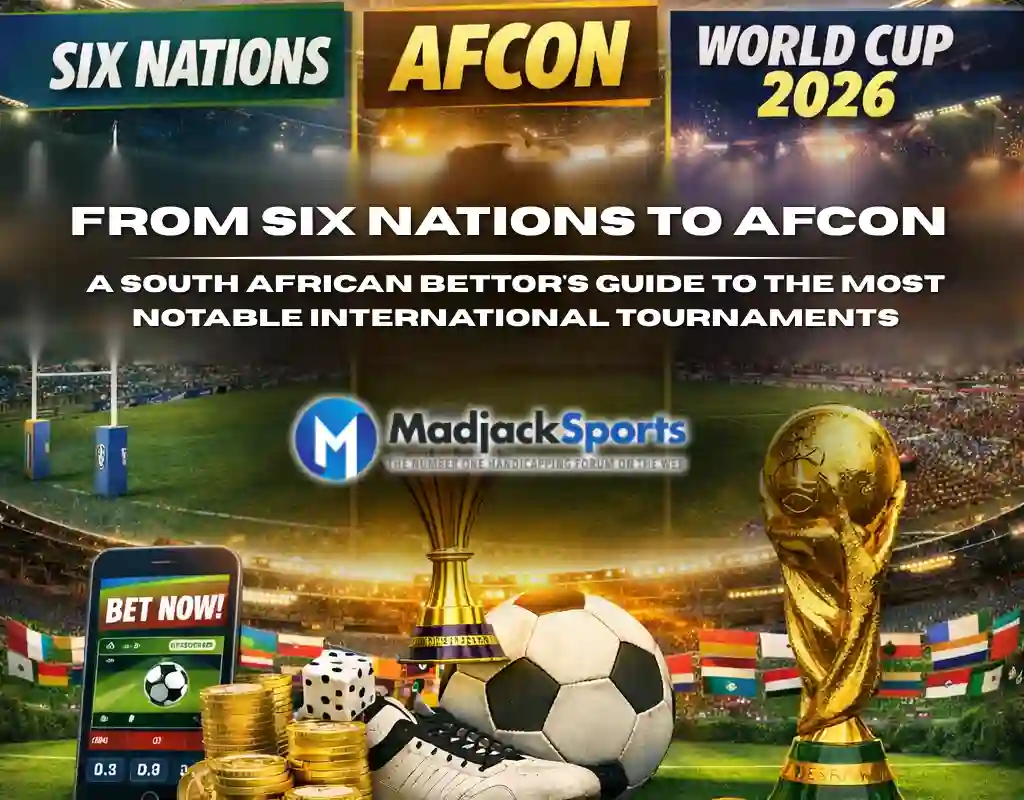 Image promoting betting on international tournaments, featuring logos, a soccer ball, trophies, and flags from various countries.