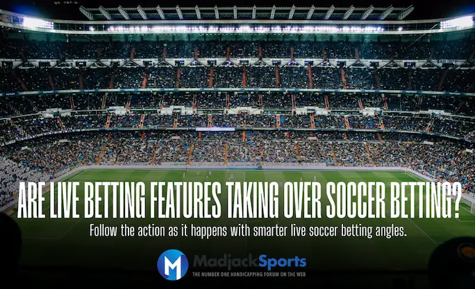 Wide soccer stadium view with headline about live betting features and Madjack Sports branding.